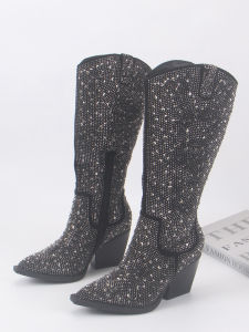 Fashionable High Heel Suede Boots for Women Knee-Length Rhinestone Detailing Side Zipper Closure Thick Rubber Sole Winter Boot