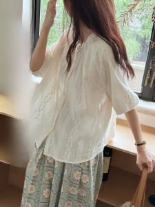 Lili Edit Soft Peach Blossom Embroidered round Neck Short Sleeve Shirt Womens Summer Versatile Simple Cotton Blend Blouse