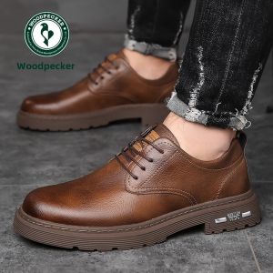 Woodpecker Mens Shoes New Arrival Sports Leisure Trendy British Martin Boots Mens Genuine Leather Soft Bottom Soft Leather Height Increasing Leather Shoes Men