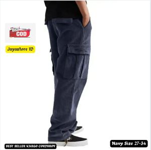 Celana cargo hijau corduroy pria panjang