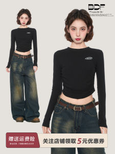 Áo Thun Nữ Tay Dài Màu Đen Ngắn Hở Eo Lưng Cao Ôm Vừa Vặn Mặc Trong Quần Áo Công Sở Mùa Xuân 2025 Cổ Tròn