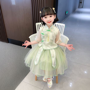 Girls Summer Improved Cheongsam Dress Kindergarten Baby Han Chinese Costume Dress Suit Tang Suit Princess Dress Tulle Skirt