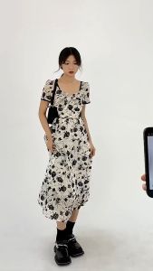 🌟CORE🌟dresses women new style 2025 Korean fashion skirt Square Neck Fragmented Flower Dress Retro Long Dress Women Bubble Sleeve Dress 2️⃣0️⃣2️⃣5️⃣