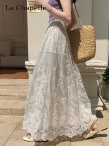 La Chapelle | Lace Mesh Embroidered Slimming A-Line High Waist Skirt