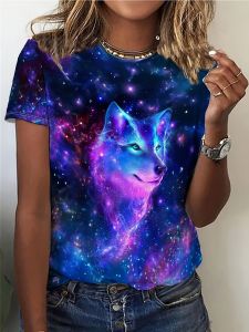 Deep Blue Womens Tee - Cosmic Wolf Galaxy Graphic Mystical Starry Animal Design for