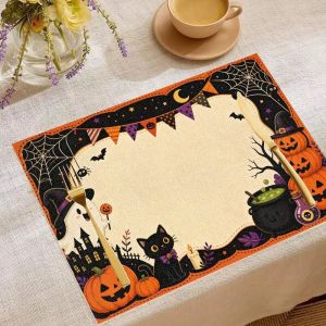 VIKAMA 2/4/6pcs Halloween Table Mat Black Cat Ghost Pumpkin Witch Hat Bat Table Mat Spooky Party Table Decoration