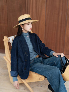 New Winter Hanflax Cotton Denim Womens Jacket Original Design Textured Washed Chinese Style Commute Straight Leg Sleeve