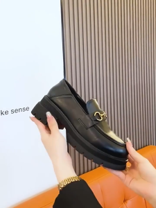 2 Inch Comfortable Black Leather Platform Loafers Metal Buckle Slip On School Office Shoes For Women