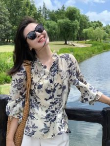 YUFUQING | Retro Floral Print Womens Long Sleeve Shirt Sun Protection Loose Slimming Gored Collar Top Early Autumn New Style Casual Wear
