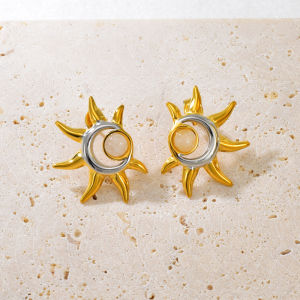 E146 Classic Design Gold-Inlaid Silver Moonstone Sun Earrings in 18K Gold and Stainless Steel