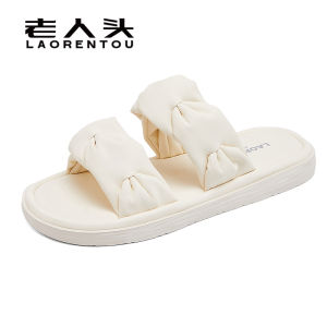 Elder Head 2024 Summer Flat Bottom Soft Sole Slip-On Womens Sandals Anti-Slip Casual Rubber Sole Daily Wear Synthetic Leather