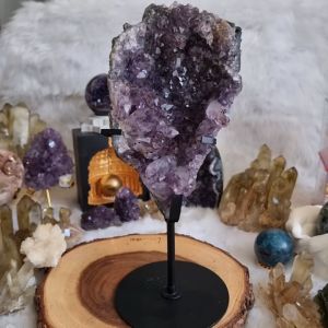 [NO COD] Raw Brazil Amethyst Cluster with Golden Flower Rutile Inclusions - Black Metal Stand Included