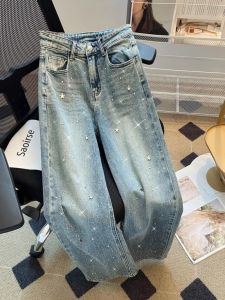 European Goods Rhinestone XINGX Pendant Stylish High Waist Wash Denim Female Spring Loose Slimming and All-Matching Straight-Leg Pants