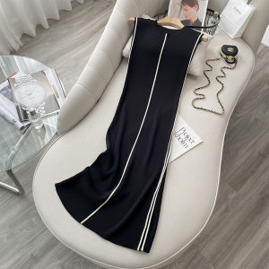 Elegant round Neck Sleeveless Ice Silk Knitted Dress Slim Fit Midi Length Base Layer Skirt for Women High Waist Commute Style