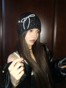 Korean Style Pearl Butterfly Knot Sequin Knitted Cold Cap Women Sweet Cool High Fashion Sensation Small Face Woolen Head Cover Trendy Hat