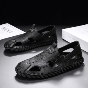 High-End Mens Casual Sandals Summer Outdoor Wear Genuine Leather Large Size 46 Driving Hole Hole Shoes Versatile Sports Shoes