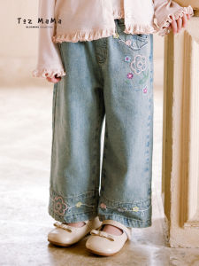 toz mama | Floral Embroidery Childrens Jeans Trousers Spring