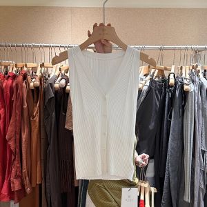 เสื้อกั๊กถักคอวีแขนกุดสำหรับผู้หญิงในฤดูร้อน ทรงเข้ารูป แขนกุด ทรงสั้น เสื้อเชิ้ตเปิดไหล่ ทรงเข้ารูป สไตล์เกาหลี