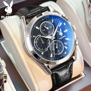 PLAYBOY New Design Watch For Men 2024 Water proof Sale Original Multifunctional Timing Luminous Genuine Leather Strap