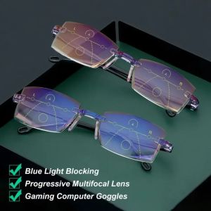 Bifocal Progressive Reading Glasses Diamond-cut Men Blue Light Blocking Multifocal Eyewear Ultralight Rimless Eyeglasses