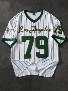 2025 summer new V-neck T-shirt Mens sports printed T-shirt V-neck short-sleeved T-shirt retro baseball chic