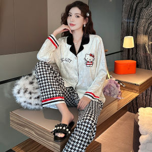 ชุดนอนผ้ากำมะหยี่สีทองส้ม แขนยาว คอปกเล็ก ชุดนอนผู้หญิง ฤดูใบไม้ร่วง/ฤดูหนาว ชุดนอนแฟชั่น เสื้อผ้าในบ้าน 2 ชิ้น