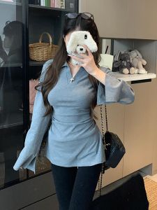 เสื้อยืดคอวีแขนกระดิ่งเอวเข้ารูปสไตล์ฝรั่งเศสไซส์ใหญ่สำหรับผู้หญิง เสื้อเชิ้ตทรงหลวมฤดูใบไม้ร่วง ทรงเข้ารูป เสื้อเชิ้ตแขนยาว