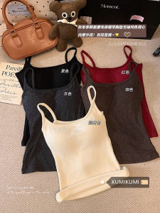 Pure Cotton Red Womens Camisole Tank Top Inner Wear with Chest Pad Integrated Outer Wear Fleece Warm Base Layer Shirt