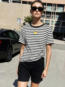 AMII | Casual Short Sleeve T-Shirt Flower Print Color Block Stripe