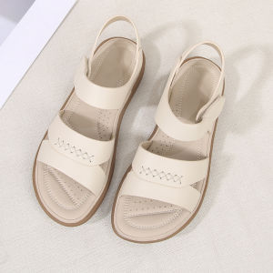 Leather Mom Sandals Comfortable Anti-slip Flat Bottom Casual Slip-On Womens Shoes Cross Buckle Low Cut Pig Skin Lined Summer Sandals