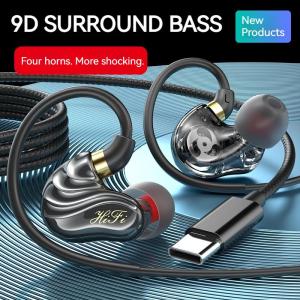 9D Surround Sound Gamer Earphones Type C&3.5mm Quad Core Wired In-ear Earbuds Deep Bass Headphones Sports Headsets for Samsung
