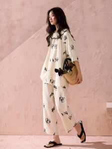 Spring Summer Cotton Women Sleepwear Loose Sweet Look Collar Three Quarter Sleeve Pants
