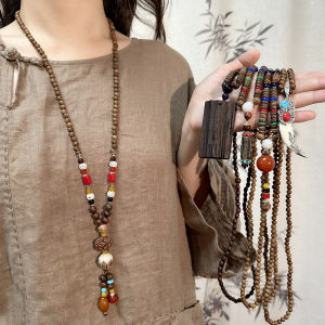 Retro Chinese Style Long Wooden Buddha Beads Necklace with Pendant Cotton Linen Mens Fashion Jewelry Ethnic Trend Accessory
