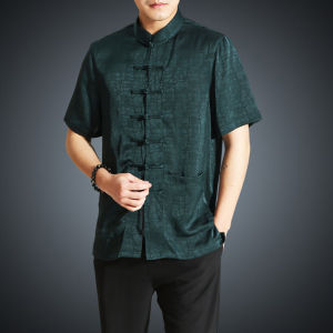 สไตล์จีนผู้ชาย Tang ชุดแขนสั้นฤดูร้อนสบายๆผ้าไหมหม่อนสีปุ่มตัด Non-Iron Treated เสื้อผ้า