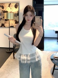 GUZILIAN | Korean Style Round Neck Slim Fit Lace Trim Denim Vest Womens Fashion Two-Piece Set Casual Commute Cotton Blend Material