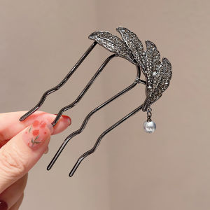 หวีใบไม้พลอยเทียมรูปตัวยูสำหรับผู้หญิงติดพู่มุกสไตล์โบราณปิ่นปักผมโลหะประจำวันสไตล์จีน