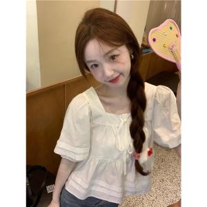 Sweet Style Short Bubble Sleeve Shirt Square Collar Loose Fit Summer French Blue Womens Top Doll Shirt Casual Sweet Style