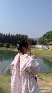 SG815 เดรสสั้น แขนยาว ตกแต่งลายดอกไม้ ใส่สบายไม่ร้อน สวยๆน่ารัก ใส่ไปคาเฟ่เก๋ๆ