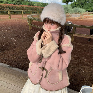 Wood Tea MUCHA Womens Short Lamb Fur Jacket Suede Autumn Winter Coat Button up College Style Top Thickened Long Sleeve Coat