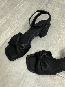 Butterfly Knot Open-Toe High Heels Womens Sandals Summer New Fashion Square Head Black Professional Thick Heel Shoes