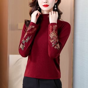 MAIMEI | Elegant High Collar Embroidered Long Sleeve Womens Base Shirt Fashionable Inner Wear Top Trendy Commute Style Korean Fit