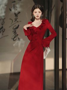 Red Long Sleeve Dress Luxury Sensation Autumn Hong Kong Style Retro Daily Wear Wedding Dress Women Can Wear on Normal Days