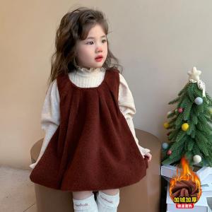 Girls Fleece Lined Dress Thickened Autumn Spring Princess Style Children Set Baby Casual Long Sleeve mid Length Skirt