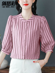 เสื้อเชิ้ตผู้หญิงผ้าลินินลายทางสุดเก๋ไก๋สำหรับฤดูร้อน แขนยาวปานกลาง ทรงหลวม สไตล์เกาหลี คอลเลกชั่นใหม่ 2025