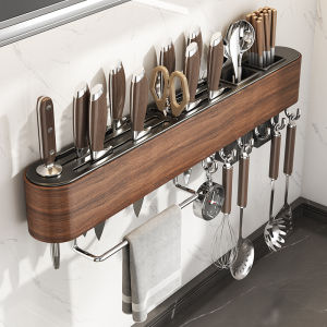Wood Grain Stainless Steel Kitchen Wall Mounted No Drilling Chopsticks Cage Integrated Knife Spoon Storage Rack Wall Hanging