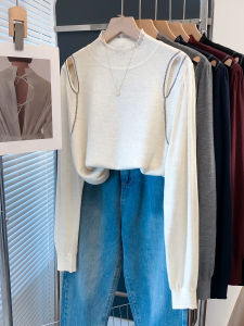 JIANDIYA | Lace Drill Diamond Half High Collar Shoulder Revealing Knit Top Loose Knitted Sweater