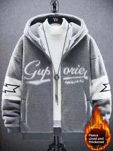 Lamb Velvet Jacket Mens Thickened Fleece Warm Cotton Coat Korean Style Slim Fit Student Hoodie Autumn Winter Fashion Casual Sweatshirt