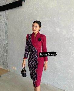 Dress Tenun Wanita Formal untuk Kerja Kantoran/MC - Merah Maron
