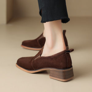 รองเท้าส้นสูงปากลึก ผู้หญิง ฤดูใบไม้ร่วง ฤดูหนาว ผ้าขนแกะ รองเท้าถั่วเรียงราย สไตล์ฝรั่งเศส สำหรับงานกลางคืน รองเท้าลมเดี่ยว