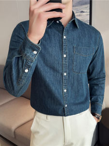 Slim Fit Mens Denim Shirt Long Sleeve Casual Fashionable Business Casual Versatile Cotton Polyester Blend Spring Autumn Winter